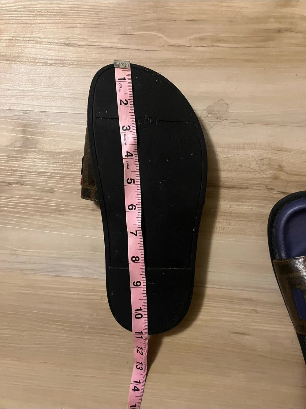 Fendi Brown Monogram Slides with Navy Footbed and Red Accents